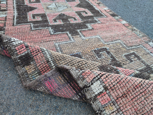 3x10 Vintage Herki Rug Runner: Turkish Wool Kitchen Hallway Rug, Farmhouse Wool Decor