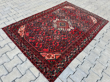 4x7 Vintage Turkish Rug: Red Oushak Handmade Small Rug