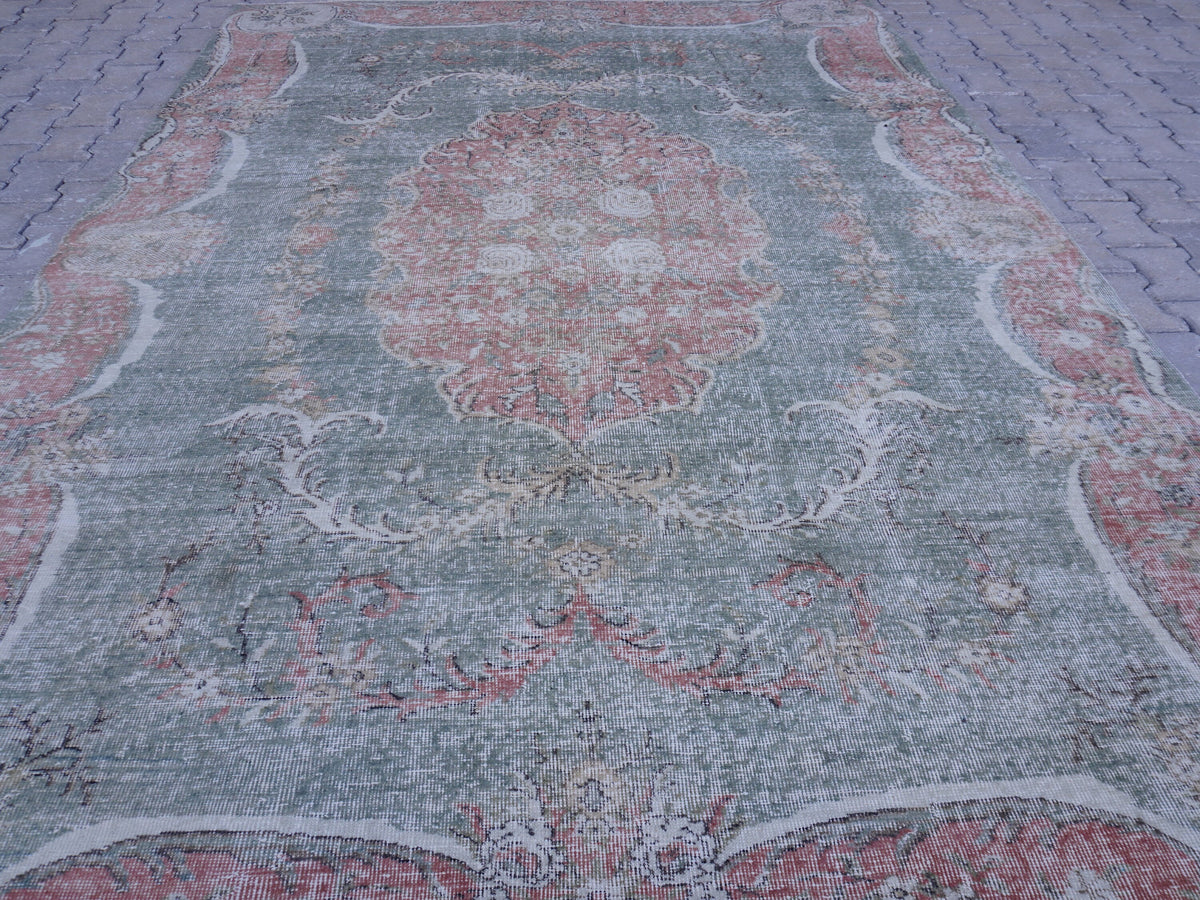 7x10 Handwoven Turkish Rug: Green Wool & Cotton Blend, Home Bohemian Decor