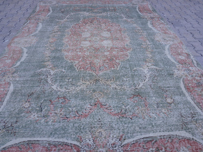 7x10 Handwoven Turkish Rug: Green Wool & Cotton Blend, Home Bohemian Decor