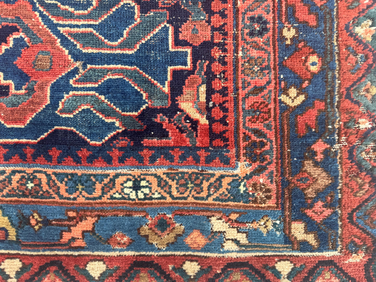 4x9 Antique Rug, 1920s Handwoven Wool Carpet, Patina Blue Collectible Tribal Rug
