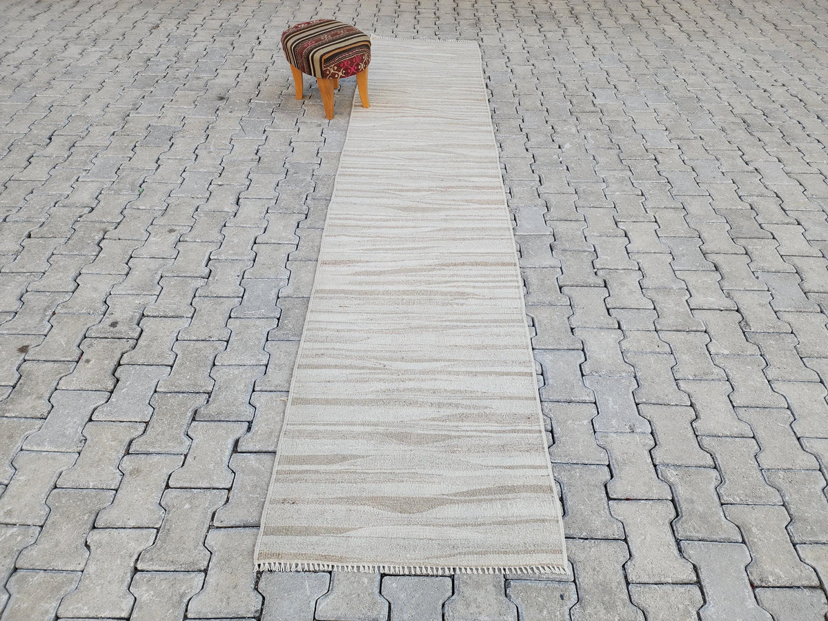 2x11 Neutral Runner Rug, Handwoven Turkish Kilim, Rustic Boho Decor