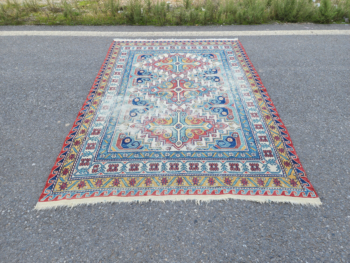 5x8 Antique Soumak Rug, Handwoven Wool Bohemian Eclectic Area Rug, Neutral Accent Decor