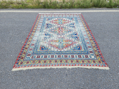 5x8 Antique Soumak Rug, Handwoven Wool Bohemian Eclectic Area Rug, Neutral Accent Decor