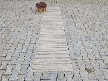 Neutral Turkish Kilim Runner 2x11, Kitchen Bohemian Decor, Eco Friendly Rug