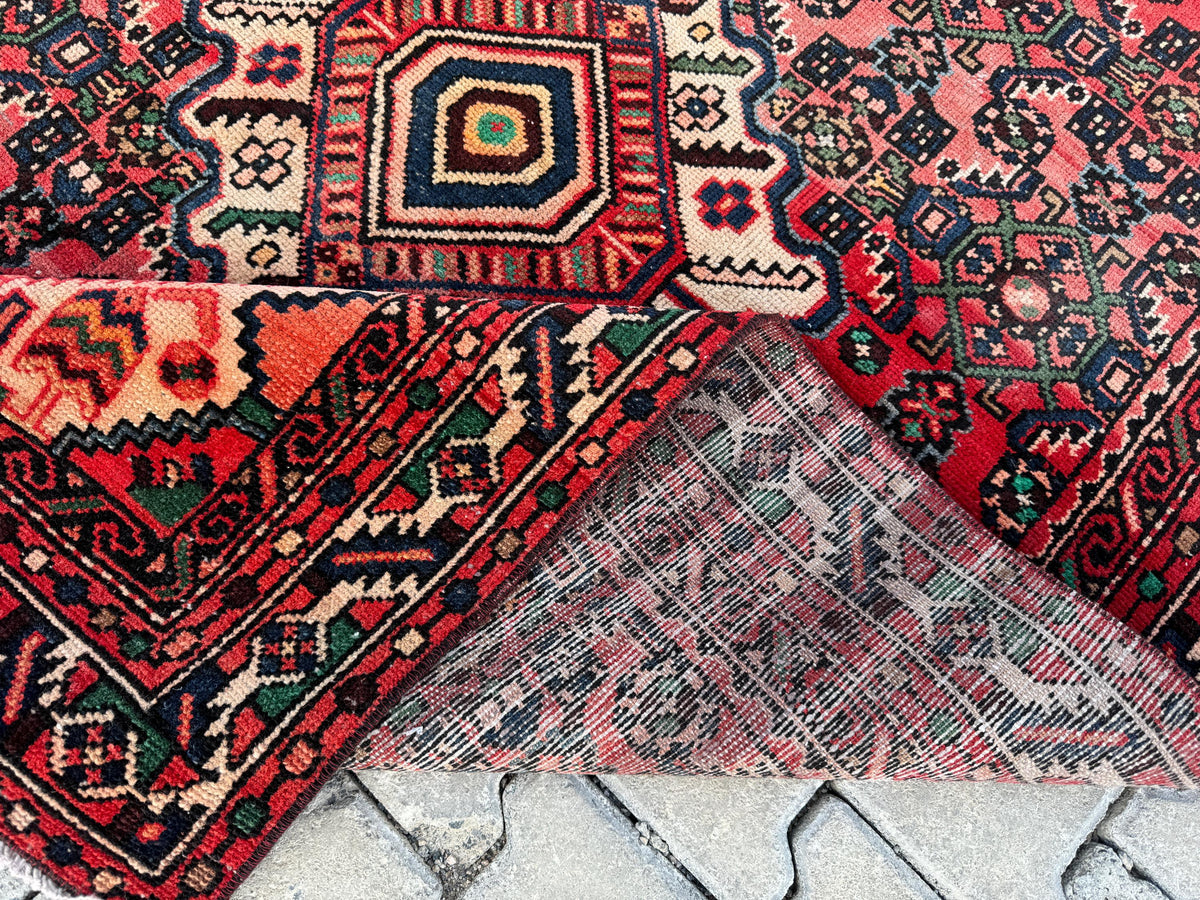 4x7 Vintage Turkish Rug: Red Oushak Handmade Small Rug