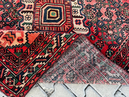 4x7 Vintage Turkish Rug: Red Oushak Handmade Small Rug