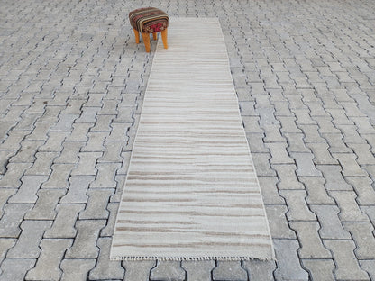 2x11 Handwoven Turkish Kilim Runner Rug: Neutral Wool Farmhouse Rug