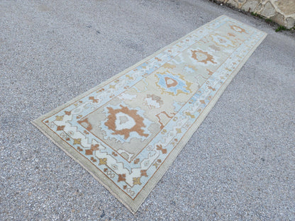 Handwoven Wool Oushak Runner Rug: 3x13 Turkish Entry Rug, Hallway Rustic Decor