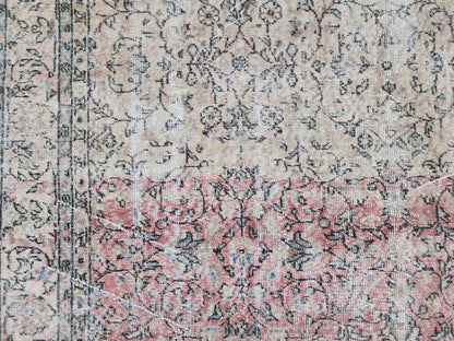 7x10 Vintage Turkish Rug: Beige and Pink Oriental Oushak Rug