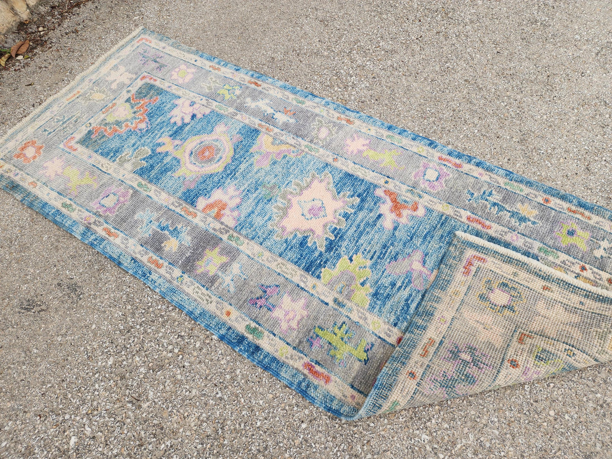 3x6 Handwoven Wool Oushak Runner Rug: Boho Patina Blue Home Textiles