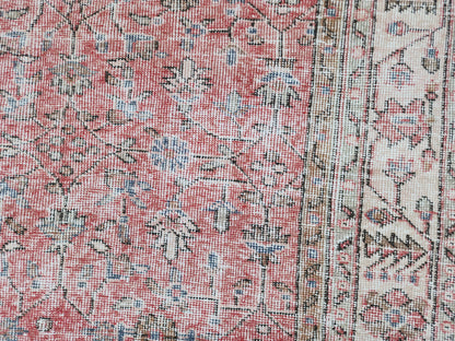 Vintage Oushak Rug 7x10: Handwoven Turkish Wool, Faded Red Farmhouse Style