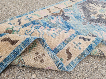 3x13 Oushak Runner Rug, Soft Blue Wool Turkish Hand Made, Rustic Hallway Decor