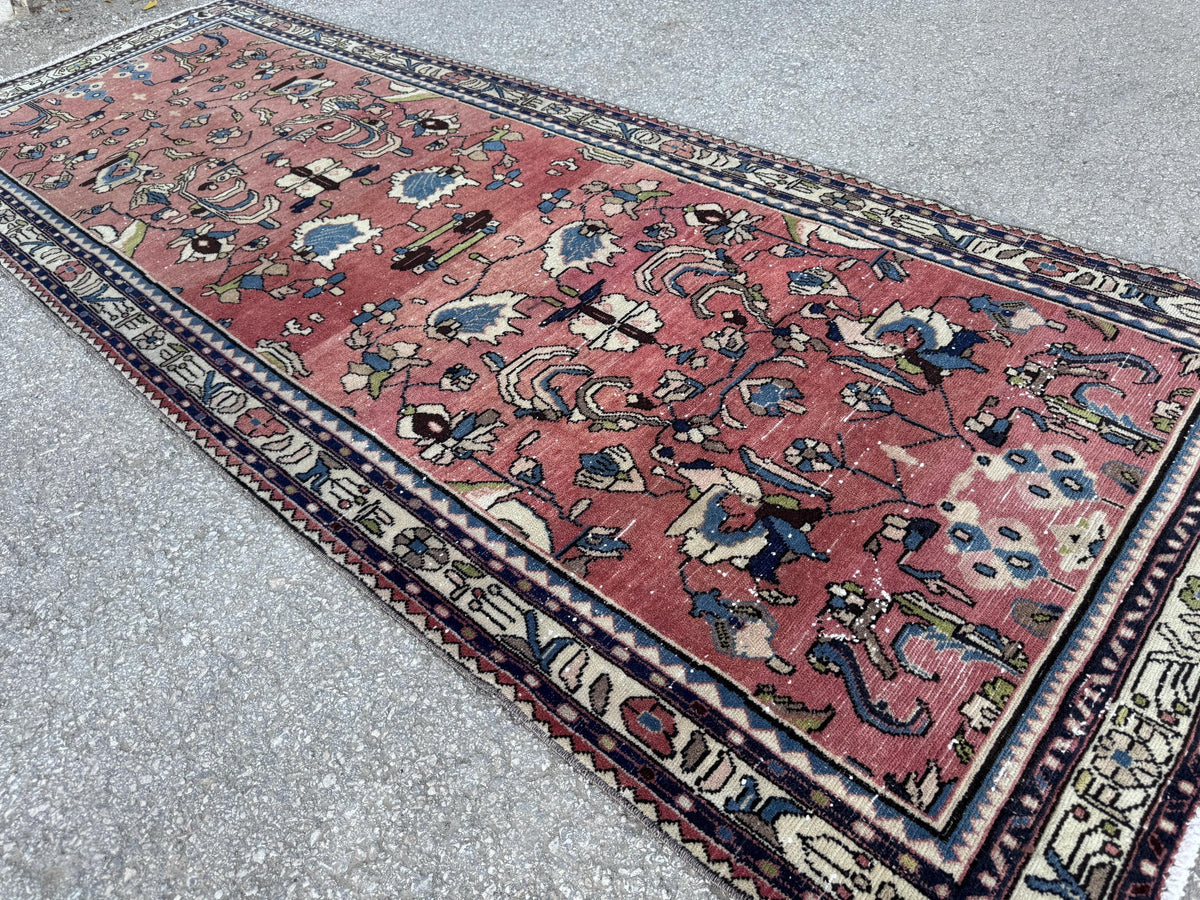 3x9 Tribal Persian Rug: Hand Woven, Faded Red and Black Pattern