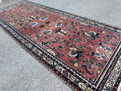 3x9 Tribal Persian Rug: Hand Woven, Faded Red and Black Pattern