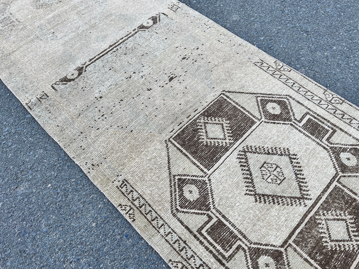 Vintage Turkish Wool Runner Rug: 3x13 Brown Oriental Rug