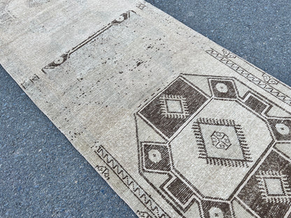 Vintage Turkish Wool Runner Rug: 3x13 Brown Oriental Rug