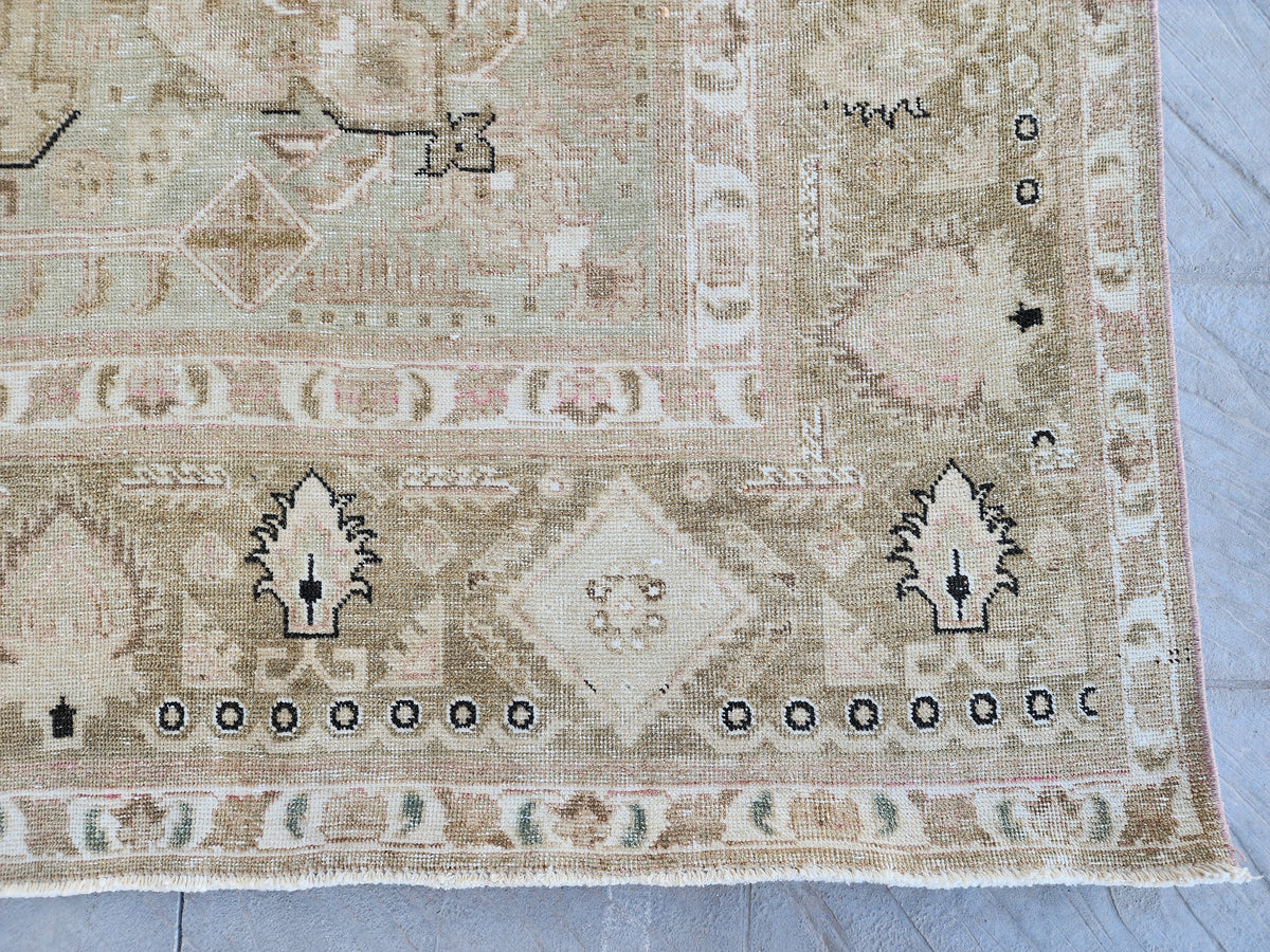 Hand Knotted Wool Vintage Rug: 10x13 Neutral Pink Cream Oversized Area Rug