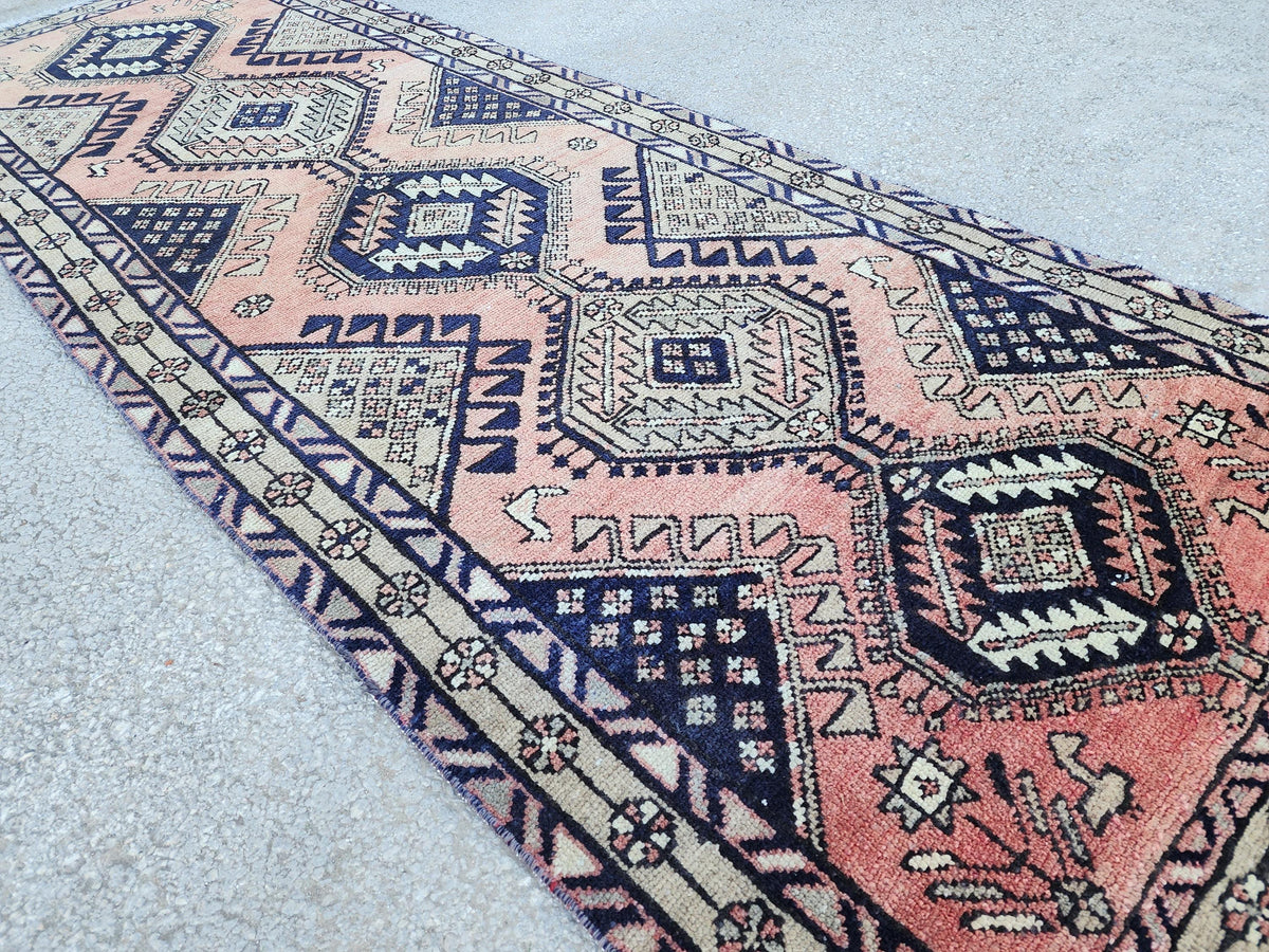 3x10 Hand Made Runner Rug: Persian Medallion Design Rug, Faded Red and Blue Border