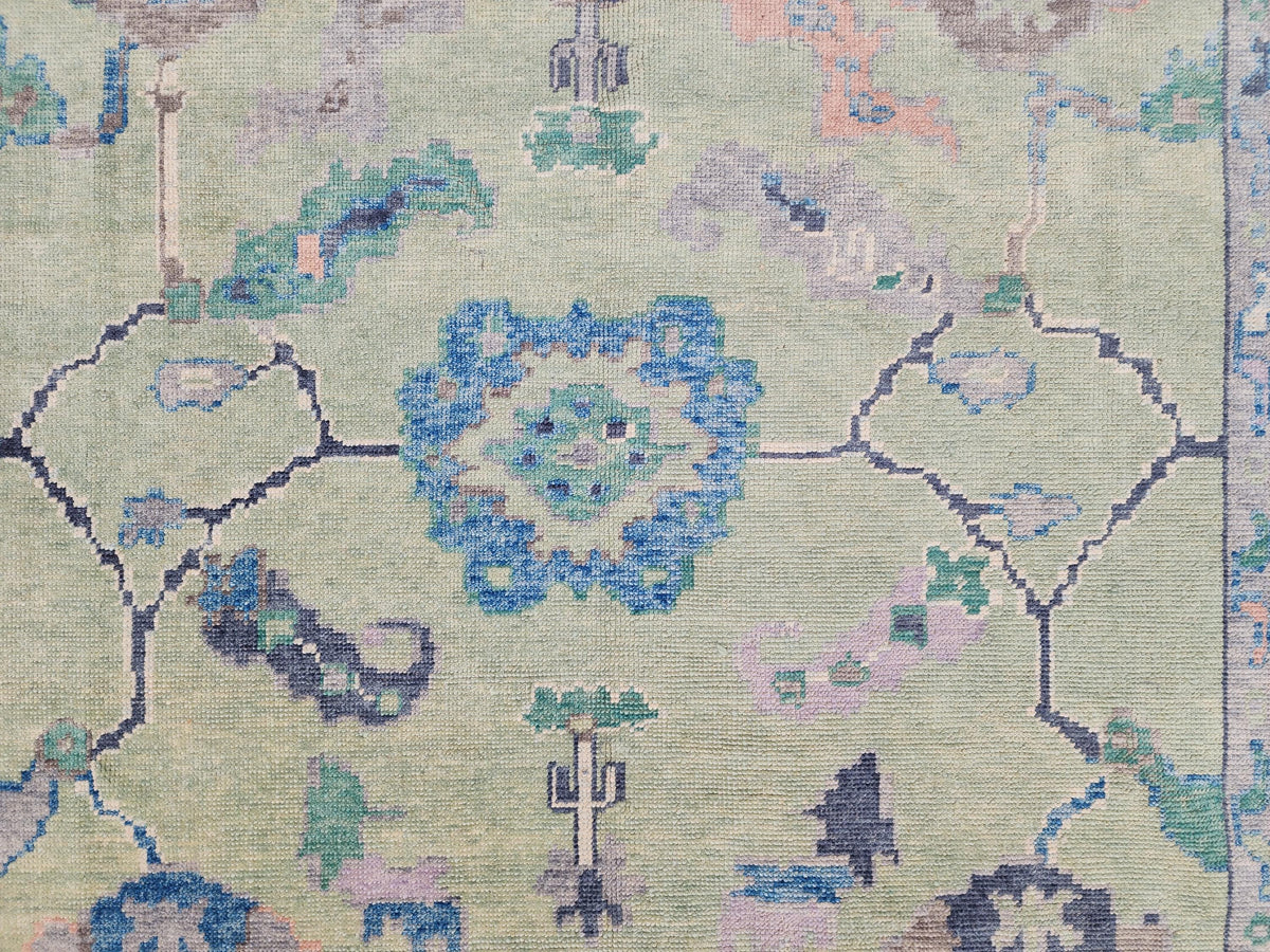8x10 Oushak Rug: Eco Friendly Carpet,Handwoven Turkish Wool, Pastel Green Vintage Style