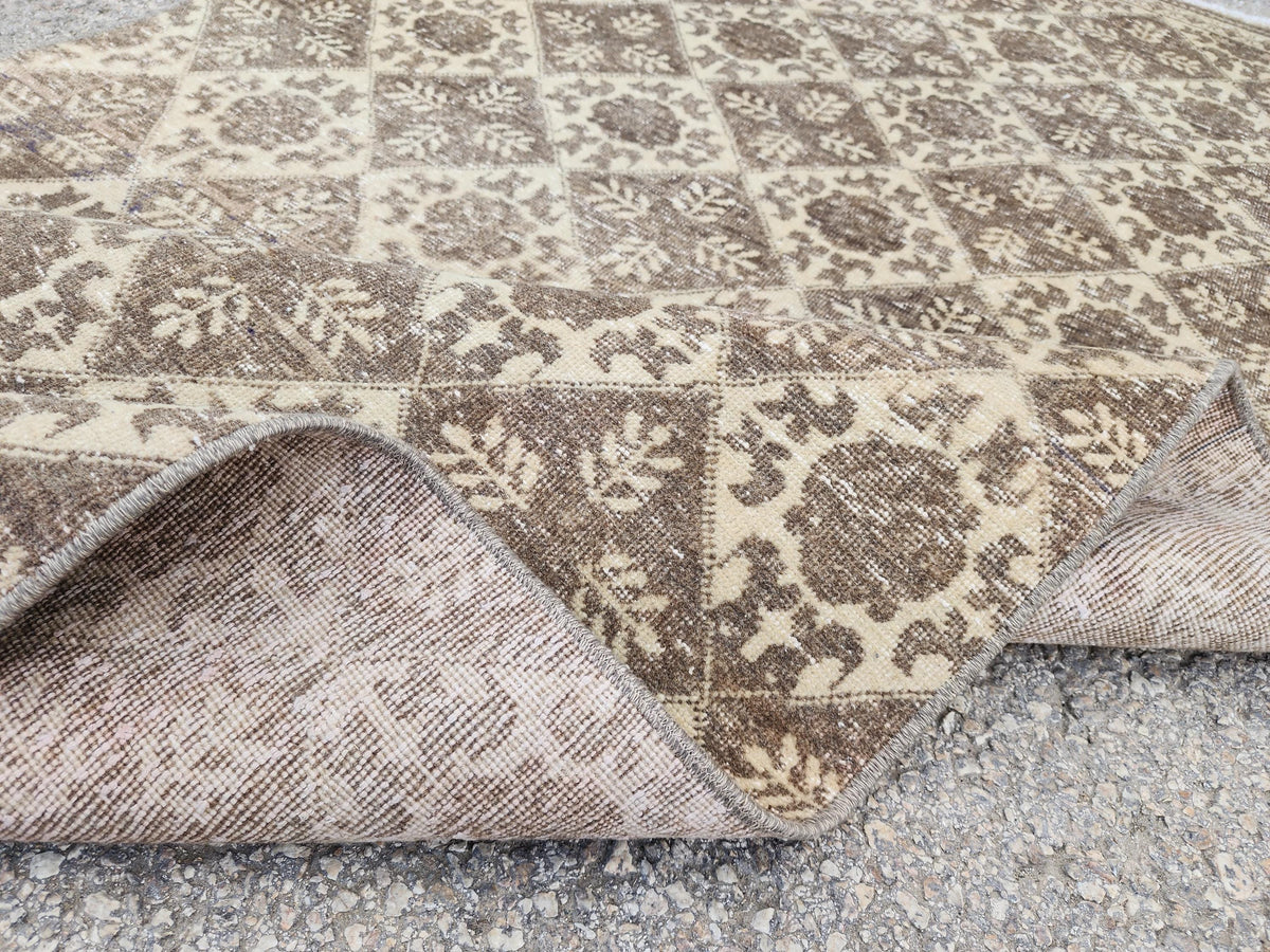 3x7 Vintage Area Rug, Brown Geometric Design Carpet, Hand Made Turkish Wool