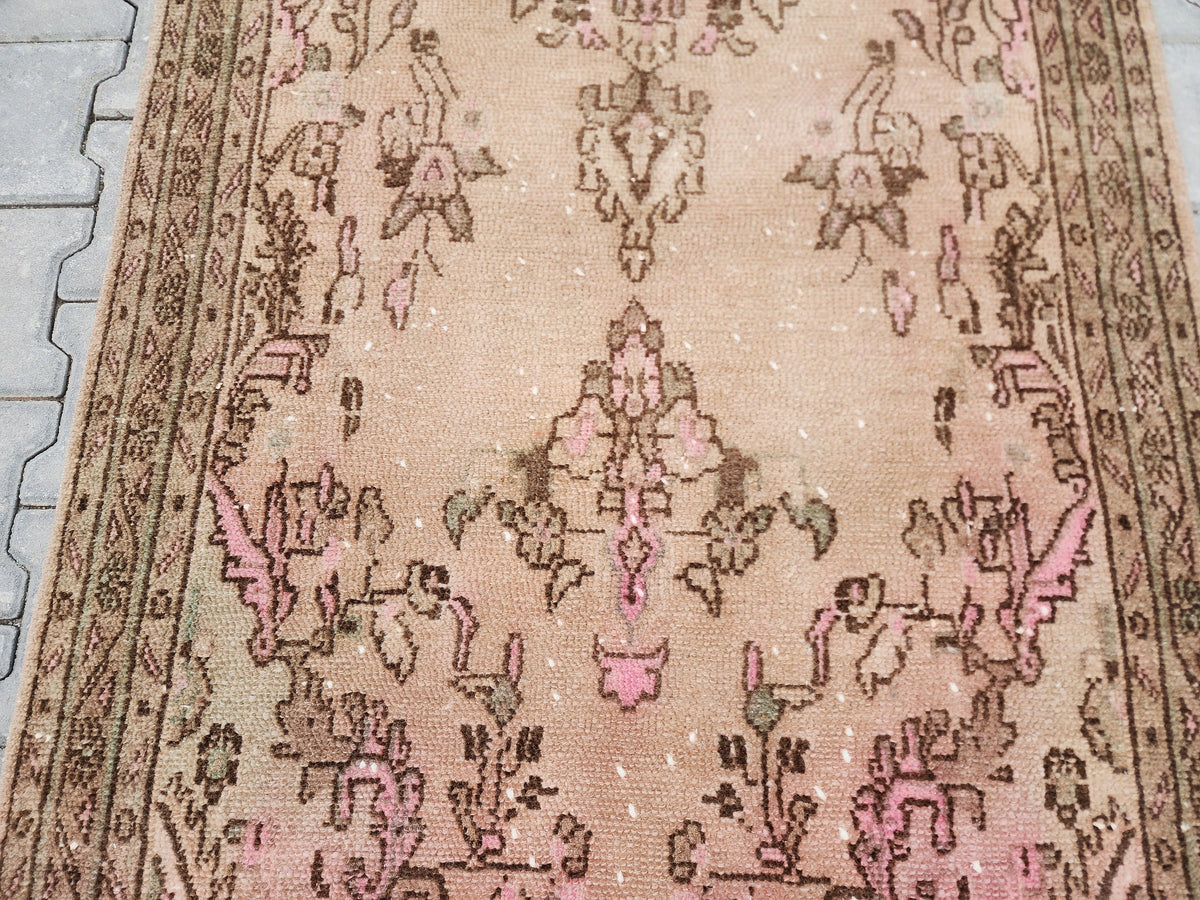 4x10 Wool Runner Rug: Vintage Hand Knotted Beige, Pink, and Brown Floral Design