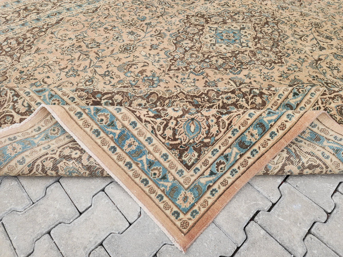 Neutral Persian Rug 9x12, Beige & Green Hand-Knotted, Neutral Living Room Decor