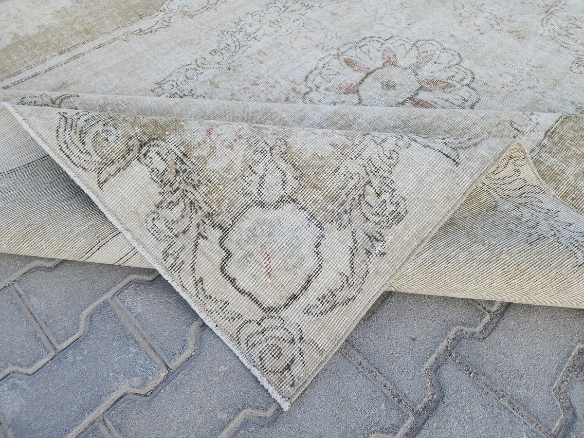 Neutral Oushak Rug 7x10: Green Faded Handwoven Area Rug