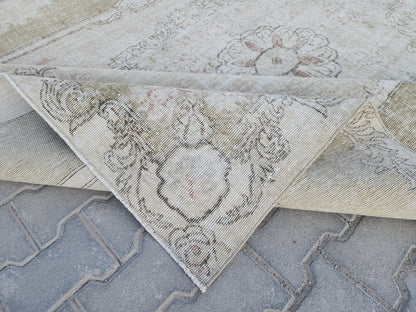 Neutral Oushak Rug 7x10: Green Faded Handwoven Area Rug