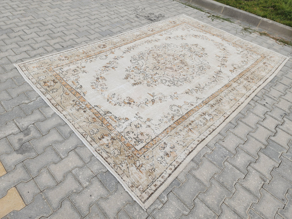 Turkish Rug 6x9, Neutral Medallion Hand Made, Living Room Area Decor