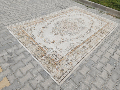 Turkish Rug 6x9, Neutral Medallion Hand Made, Living Room Area Decor