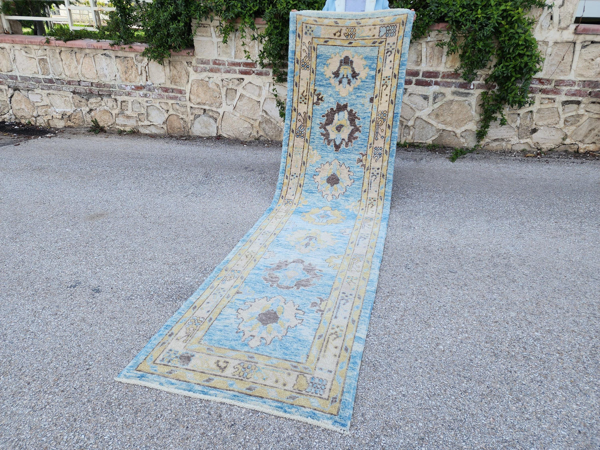 Oushak Wool Runner 3x11: Patina Blue Turkish Entry Rug, Oriental Home Decor