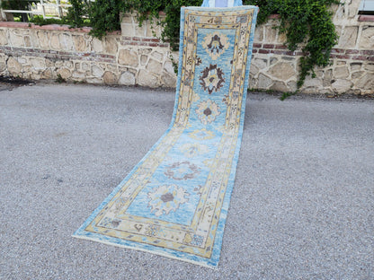 Oushak Wool Runner 3x11: Patina Blue Turkish Entry Rug, Oriental Home Decor