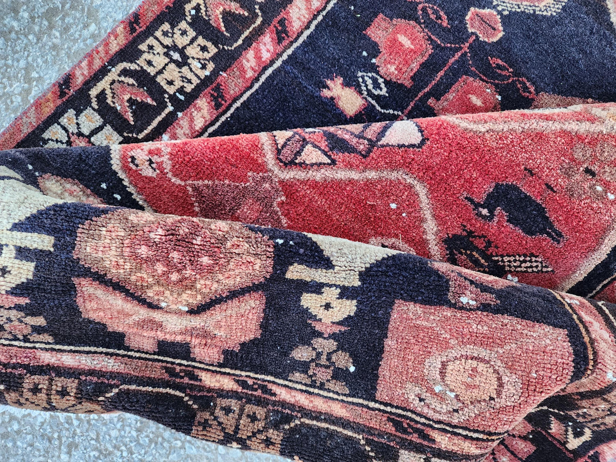 Vintage Wool Runner Rug: Animal Design, Navy Blue and Faded Red