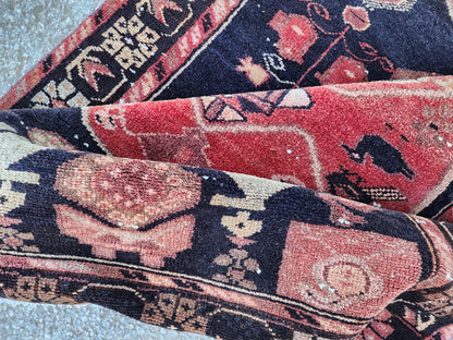 Vintage Wool Runner Rug: Animal Design, Navy Blue and Faded Red