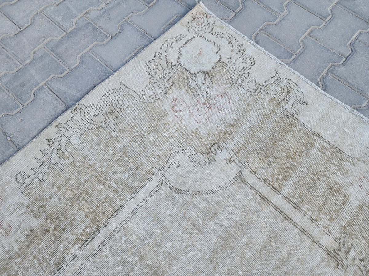 Neutral Oushak Rug 7x10: Green Faded Handwoven Area Rug