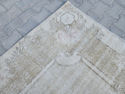 Neutral Oushak Rug 7x10: Green Faded Handwoven Area Rug