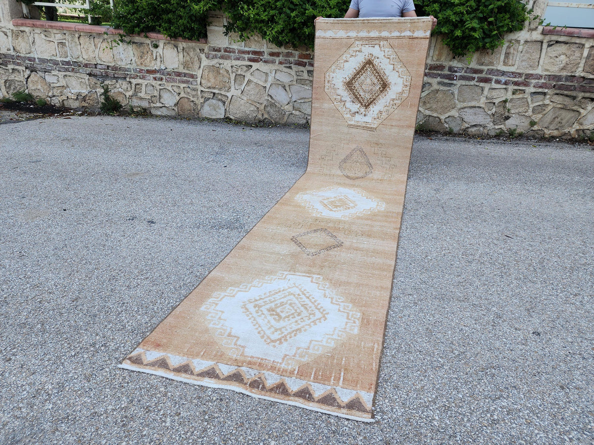 3x12 Brown Turkish Runner Rug: Neutral Geometric Farmhouse Style