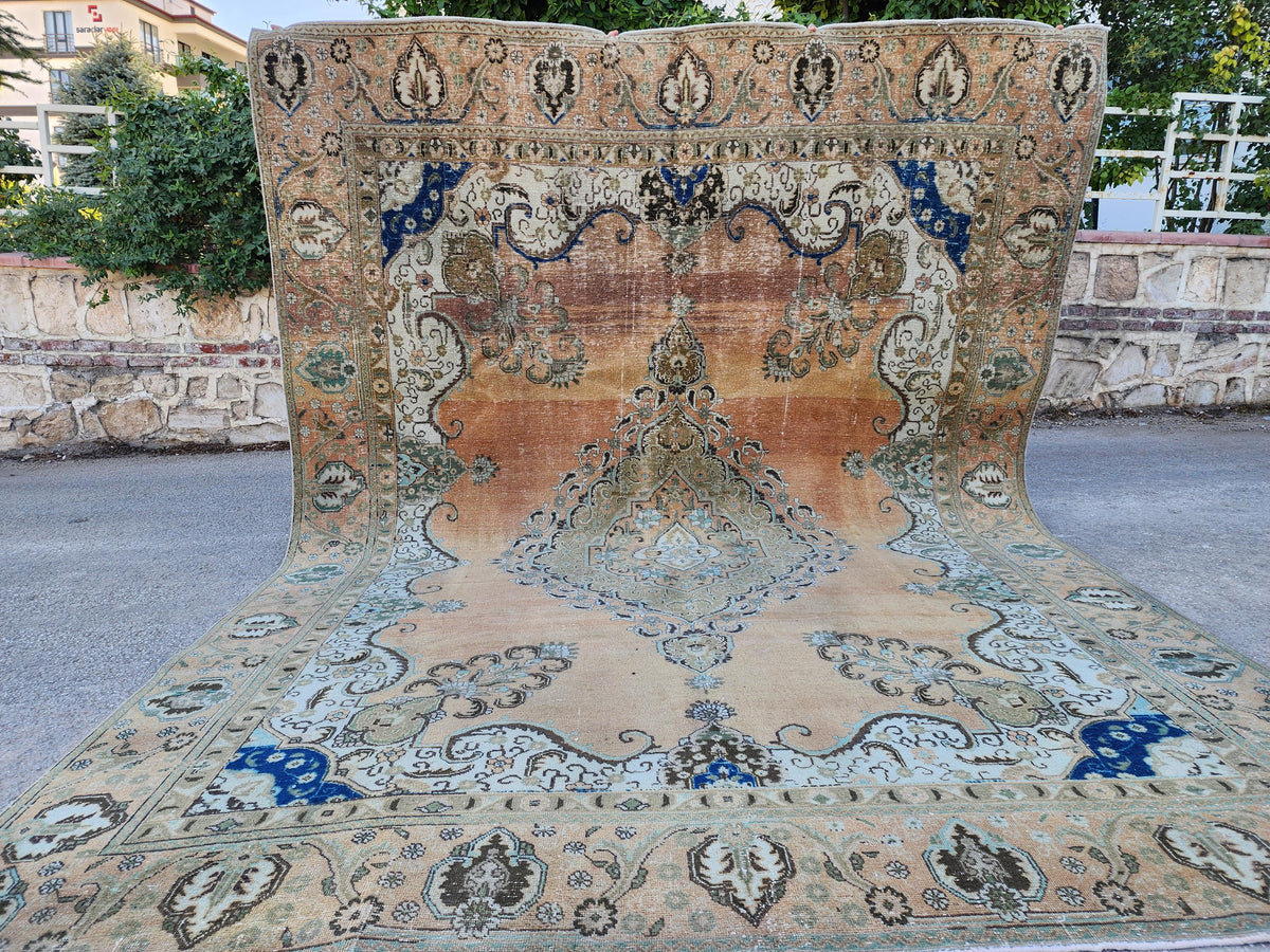 Hand Made Oversized Rug 9x12: Oriental Rustic Decor, Brown and Blue