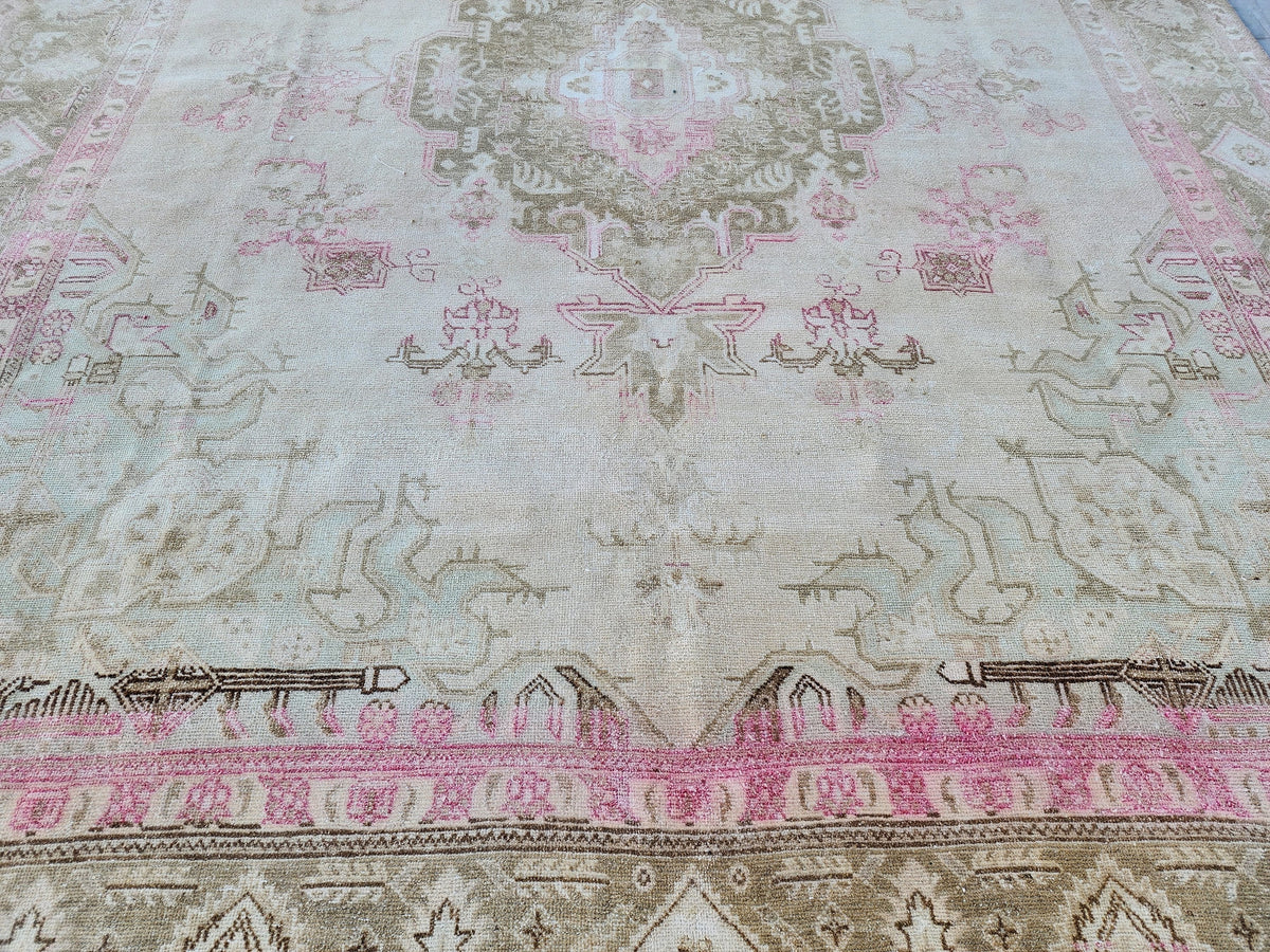 Hand Knotted Wool Vintage Rug: 10x13 Neutral Pink Cream Oversized Area Rug