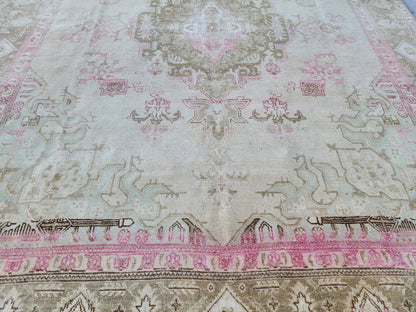 Hand Knotted Wool Vintage Rug: 10x13 Neutral Pink Cream Oversized Area Rug