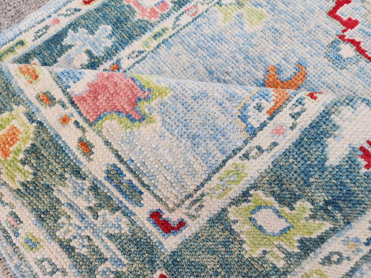 Handwoven Oushak Wool Rug 3x4, Light Blue Floral Entryway Rug