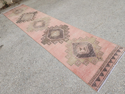 Turkish Hand Made Runner Rug 2.6x11.8 ft, Hallway Tan Runner, Terracotta Tribal Carpet