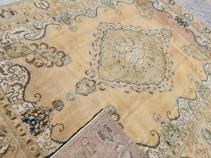 Neutral Rustic Rug 9x12: Medallion Persian Design, Hand Knotted, Rustic Bohemian Decor