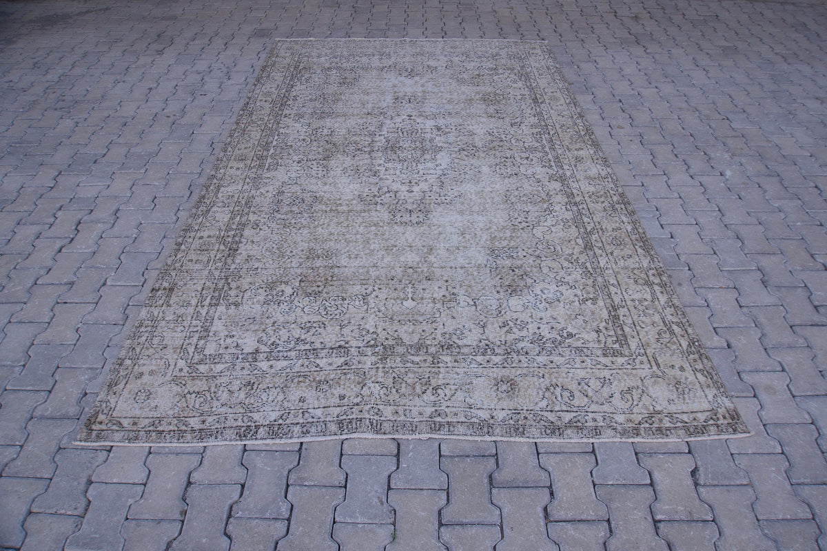 Neutral Area Rug 6x10, Handwoven Oushak Carpet, Grey Turkish Wool & Cotton