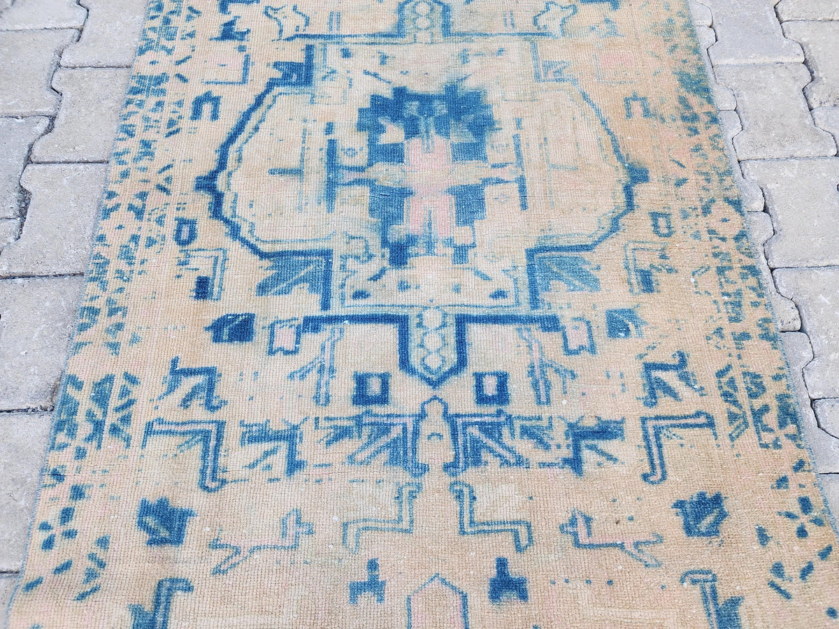 3x10 Blue Wool Turkish Runner Rug: Neutral Bohemian Hallway Decor