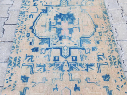 3x10 Blue Wool Turkish Runner Rug: Neutral Bohemian Hallway Decor