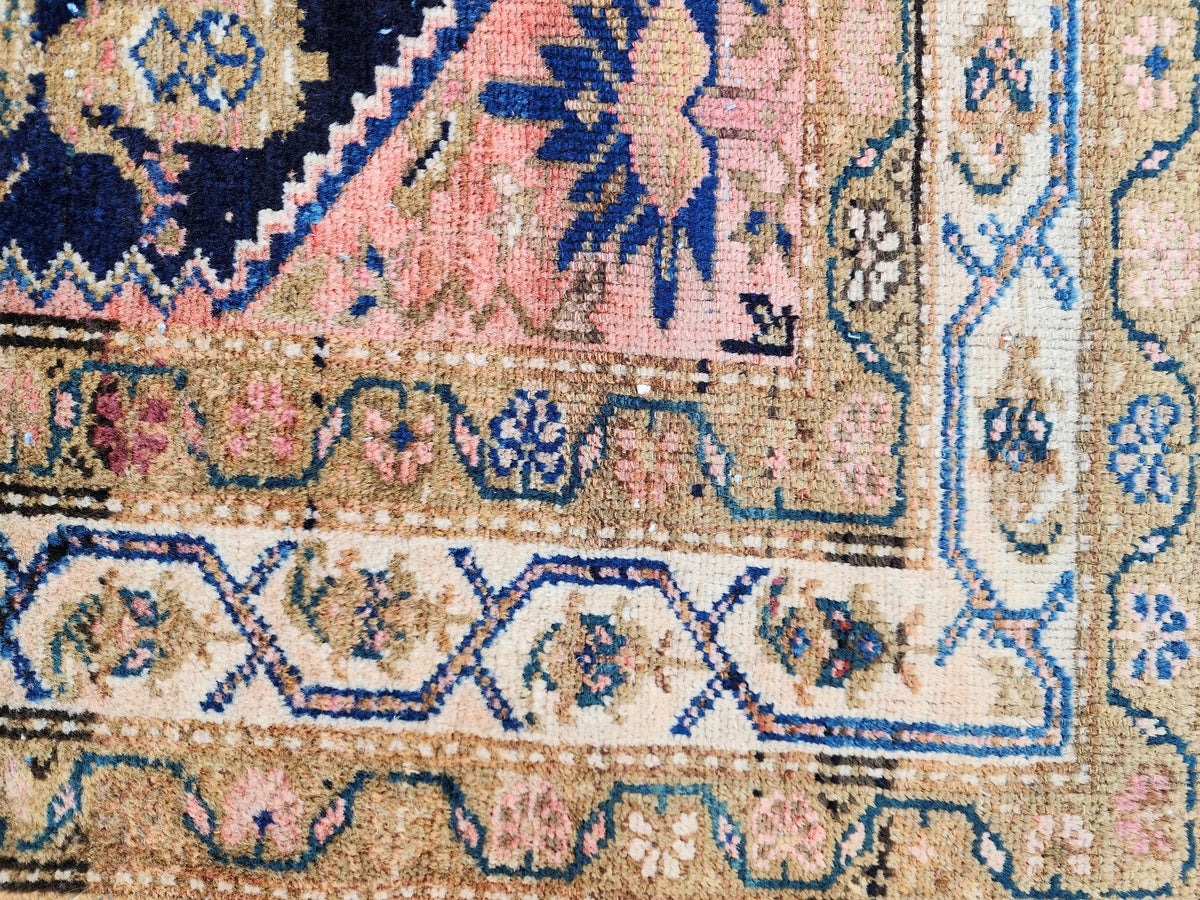 Antique Caucasian Runner Rug 3x17 ft | 100-Year-Old Hand-Knotted Wool Rug | Navy Blue Floral Gallery Runner