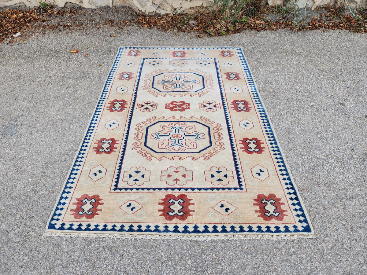 4x6 Hand Made Anatolian Rug,  Pink, Blue, Red Distressed Area Carpet, Farmhouse Decor