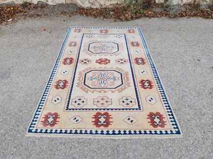 4x6 Hand Made Anatolian Rug,  Pink, Blue, Red Distressed Area Carpet, Farmhouse Decor